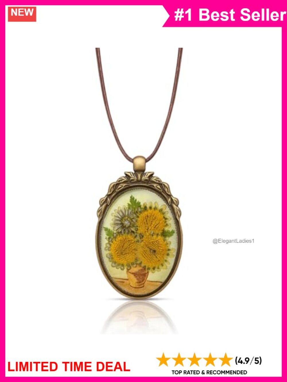 Handmade Resin Sunflower Pendant Necklace Adjustable Cord Vintage Bronze